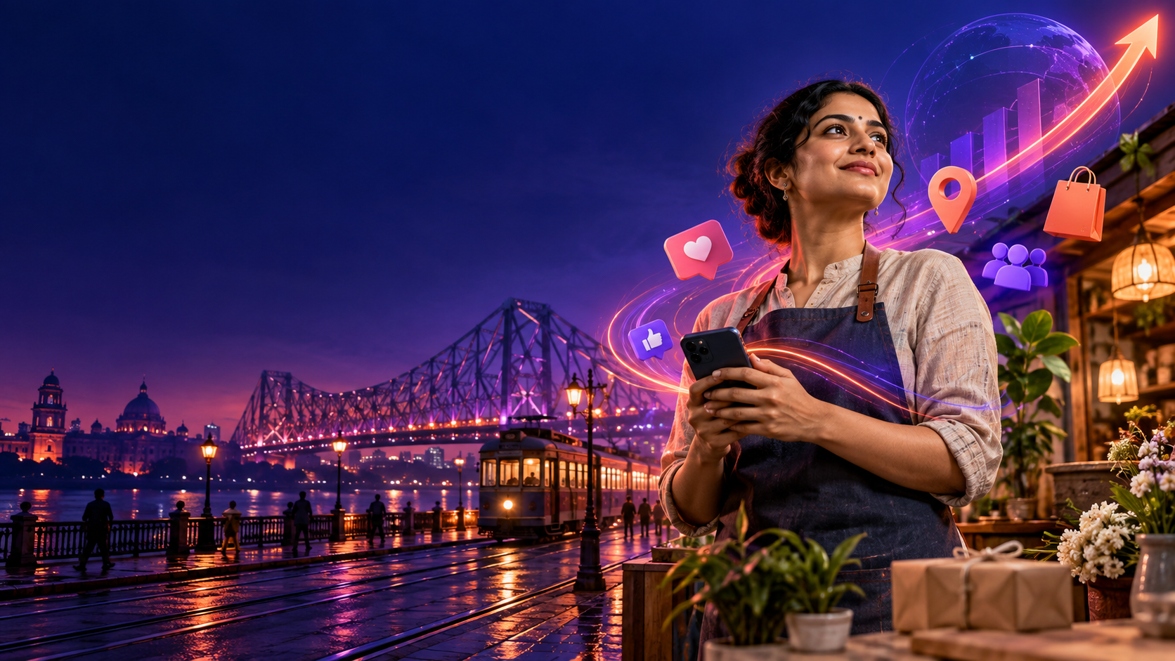 Confident Kolkata business owner using a smartphone amid vibrant digital growth signals